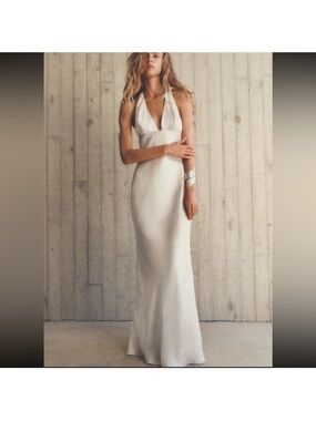 ZARA Blog Fave- Oyster white - champagne halter satin long dress size S - NWT